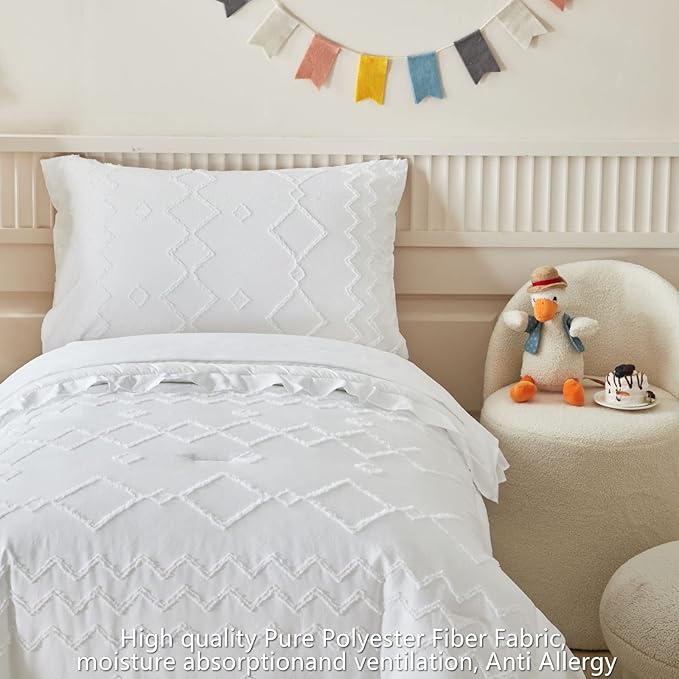AIKASY Toddler Bedding Set 4 Pieces Super Soft Comforter Set, Shabby Boho Bohemian Design for Boys and Girls（Ruffle Fringe Comforter, Flat Sheet, Fitted Sheet and Pillowcase）- White