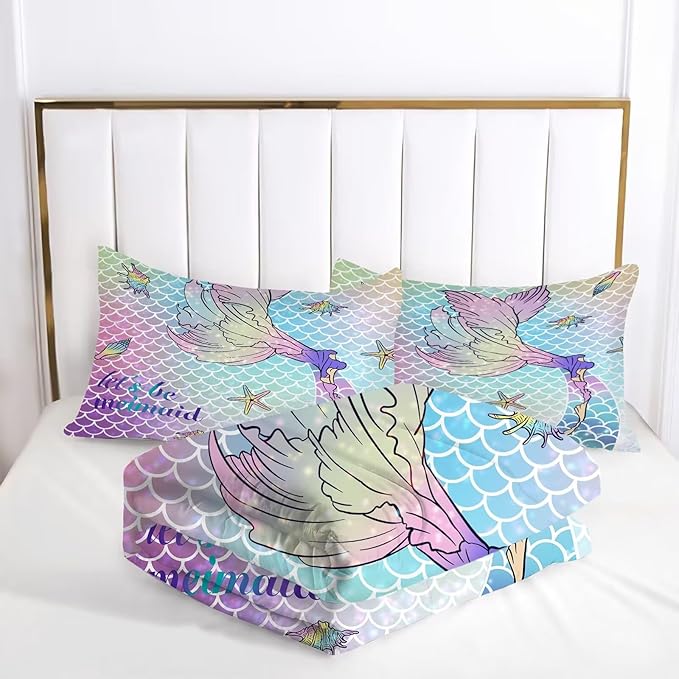 kxry Mermaid Tail Comforter Set King Size Gradient Fish Scales Sea Bedding Sets for Girls Teens Kids Ocean Starfish Conch Soft Microfiber Lightweight Comforter Set with 1 Comforter + 2 Pillow Cases