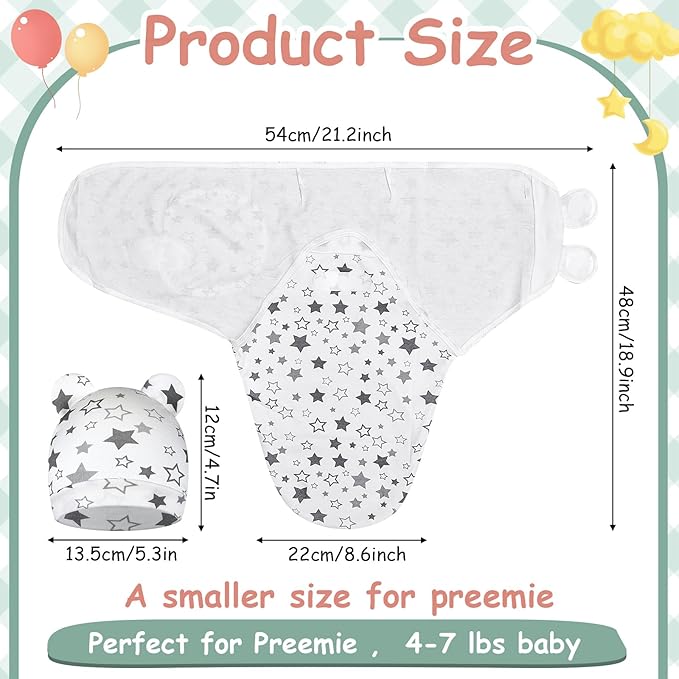 Ramede 6 Pack Preemie Swaddle Blanket with Hats Sleep Swaddle for Baby Boy Girl Preemie Newborn Sacks Soft Cotton Wearable(Star,Grey)