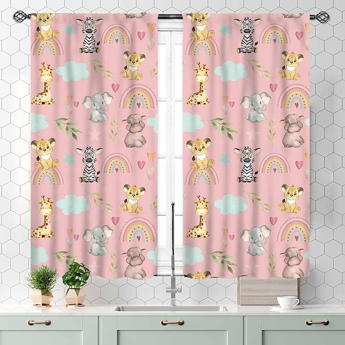 Kids Safari Animals Curtains, Cartoon Giraffe Elephant Monkey Woodland Jungle Pink Window Drapery Treatments for Boys Girls Baby Living Room Bedroom Nursery Classroom 2 Panels, 55x39 Inch