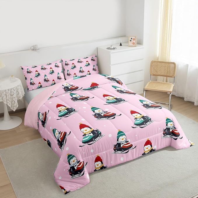 Feelyou Christmas Kids Comforter Set Toddler Size Pink Penguin Bedding Set Cartoon Penguin Skiing Duvet Quilt for Kids Boys Girls Bedroom Snowflake Decor Microfiber Ultra Soft Breathable