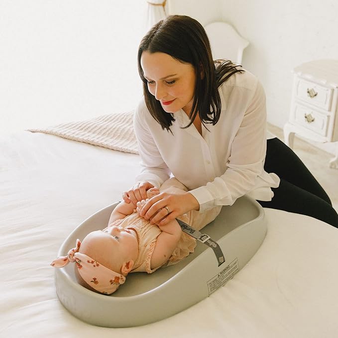 Bumbo 2 Pack Baby Changing Pads for Dresser or Table Top, Portable & Wipeable Non Slip Soft Contoured Diaper Change Station with Harness, Cool Grey