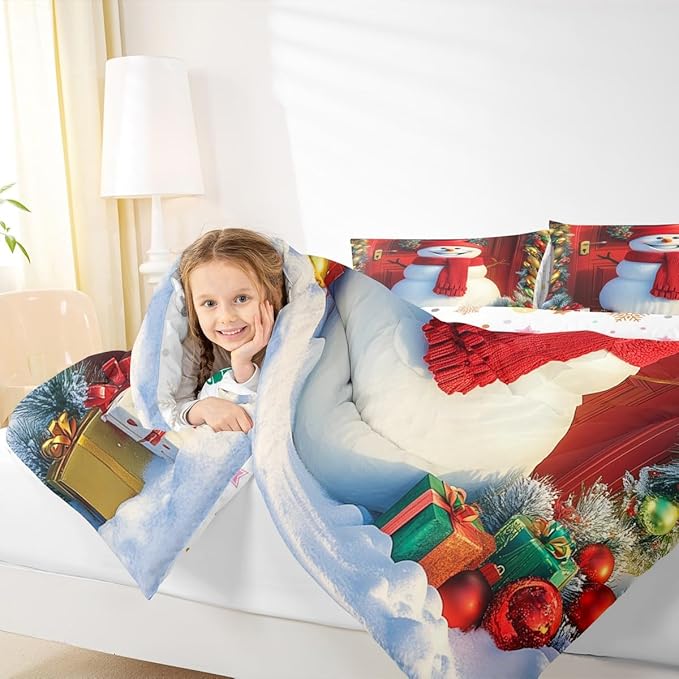 Feelyou Merry Christmas Kids Comforter Set King Size Cute Snowman Bedding Set Duvet Quilt for Kids Boys Girls Bedroom Snowflake Decor Microfiber Ultra Soft Breathable
