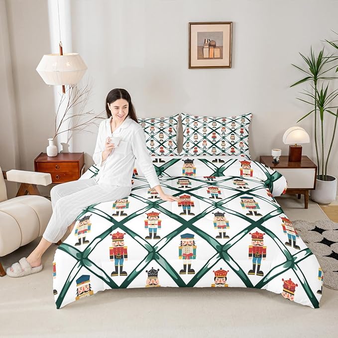 Feelyou Cute Nutcracker Bedding Set Soft for Boys Girls,Green Lattice Pattern Comforter Set Queen Size Colorful Duvet Quilt Microfiber Funny Soldier Bedroom Decor Kawaii 3 Pcs with 2 Pillow Cases