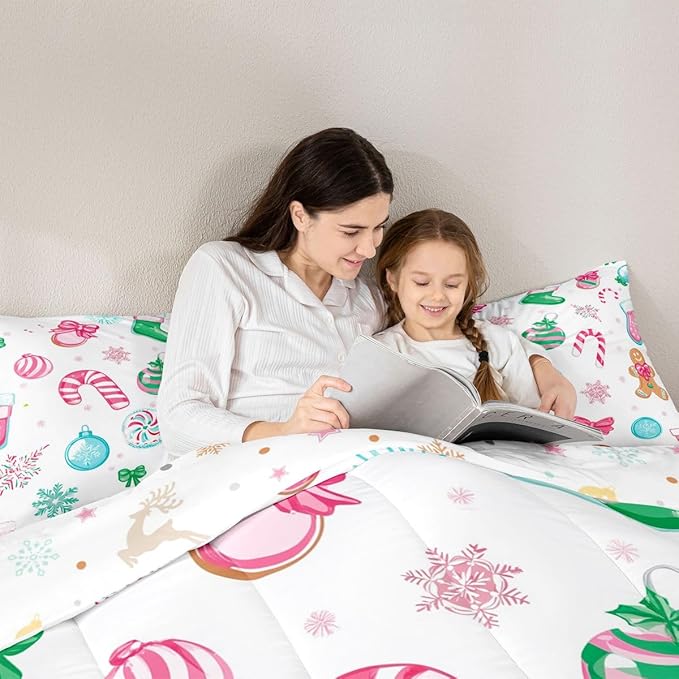 Feelyou Candy Cane Comforter Set Full Size Christmas Ornament Bedding Set for Kids Boys Girls Snowflake Duvet Quilt Festive Bow Bedroom Decor Christmas Stocking Microfiber 3 Pcs with 2 Pillow Cases