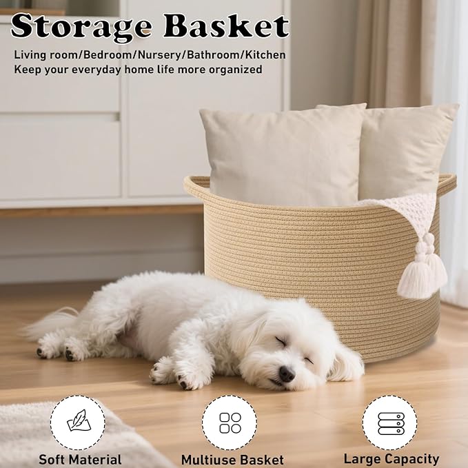 Large Blanket Basket for Organizing,115L Closet Organizers and Storage Bins Box for Shelves Woven Rope Storage Baskets,Living Room,Bedroom,Dorm,Laundry room (Camel)