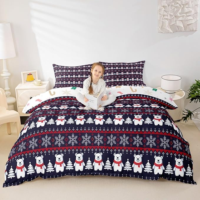 Christmas Bedding Set for Kids Boys Girls Polar Bear Christmas Tree Comforter Cover Set Exotic Ethnic Xmas Theme Duvet Cover Bedroom Decor Snowflake Bedspread Cover Toddler Bedding Collection 2Pcs