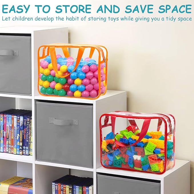 8 Packs 8 Colors Large Toy Storage Bags with Zipper and Labels, Clear PVC Waterproof Toy Organizers Bags for Board Games, Puzzles Pieces, Building Blocks, Handmade Accessories, Kid Books