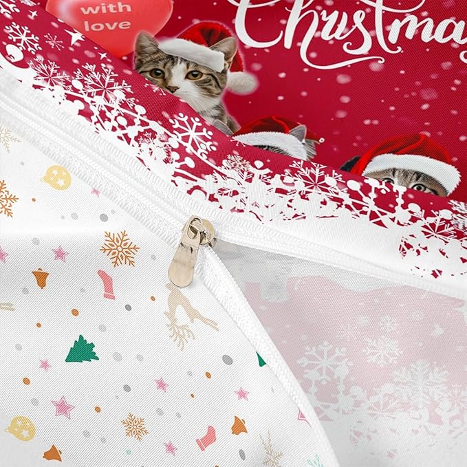 Merry Christmas Cat Bedding Set Xmas Snowflake Pet Cats Duvet Cover For Kids Children Teens Cute Kitten Comforter Cover 3D Animal Red White Bedspread Cover Bedroom Decor Quilt Cover 2Pcs Twin Size