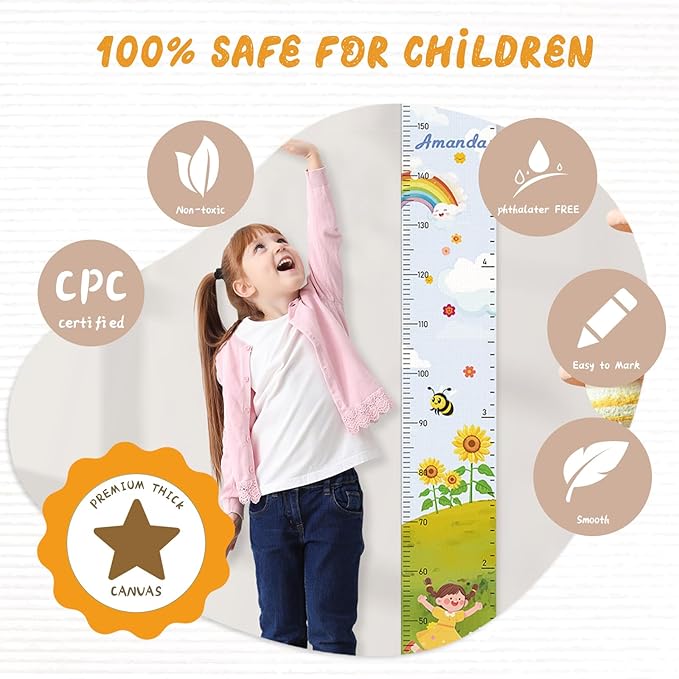 Personalized Name Growth Chart Wall Decor for Kids – Canvas Removable Height Chart Measuring Ruler 59" x 7.9" (Sun Sunflower)