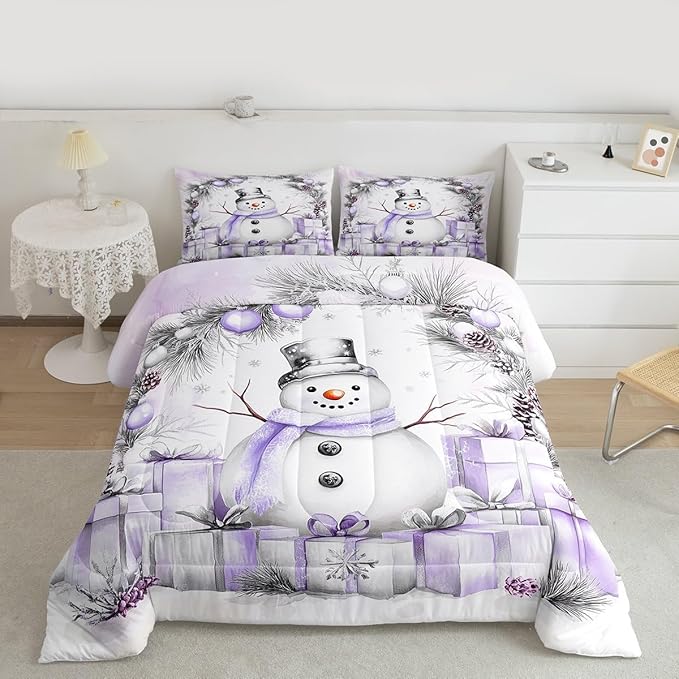 Feelyou Merry Christmas Bedding Set Soft for Boys Girls, Cute Snowman Comforter Set Full Size Duvet Quilt Microfiber Snowflake Bedroom Decor 3 Pcs with 2 Pillow Cases