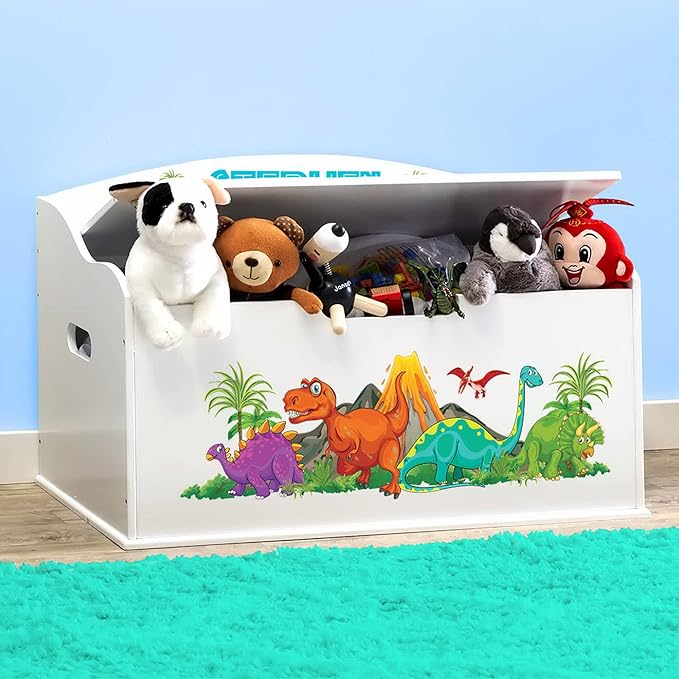 DIBSIES Personalized Creative Wonders Toy Box, Dinosaurs, 30 x 19.25 x 18 inches, Soft-Close Lid (White)