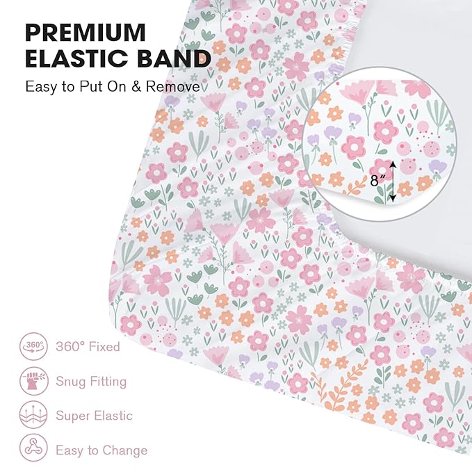 Little Grape Land Crib Sheets for Girls, Soft Microfiber Fitted Baby Sheets for Standard Crib and Toddler Mattress, 28x52x8 inch,Comfortable & Secure Fit (Pink & Floral)