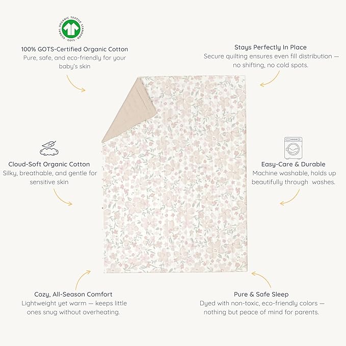 MakeMake Organics Organic Baby Comforter GOTS Certified Organic Kids Blanket Cotton Infill Tufted - Reversible Ultra Soft Breathable Boys Girls (30"x40", Blossom + Solid Taupe)