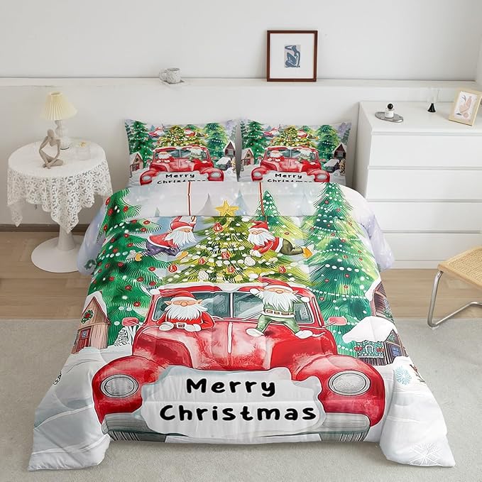 Christmas Tree Bedding Set Full Size,Red Truck Gnome Comforter Set for Kids Boys Girls Room Decor,Merry Christmas Polka Dot Cartoon Duvet Insert 3Pcs,Xmas Rustic Cabin Quilt Set,2 Pillowcases