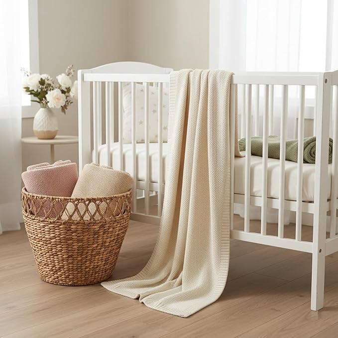 Baby Knit Blanket Soft Cotton Lightweight Newborn Blanket for Crib Stroller Toddler Nursery Shower Gift Cozy Breathable Travel Swaddle Wrap Sage Green 36 x 28 Inches