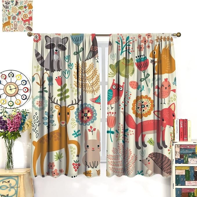 Kids Baby Woodland Blackout Curtains,Forest Animals Plants Cartoon Funny Colorful Deer Fox Owl Pattern Thermal Insulation Window Drapes for Boys Girls Children's Bedroom 52x84in
