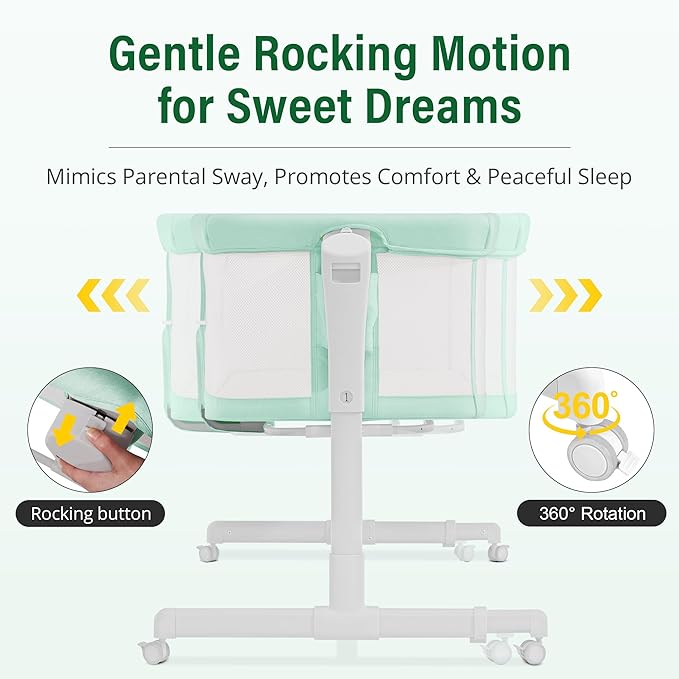 Baby Bassinet Bedside Sleeper 3-in-1, Easy Night Feeding with One-Side Fold & Rolling Wheels, Breathable Mesh, 6-Height Adjustable, Soft Mattress for Newborns