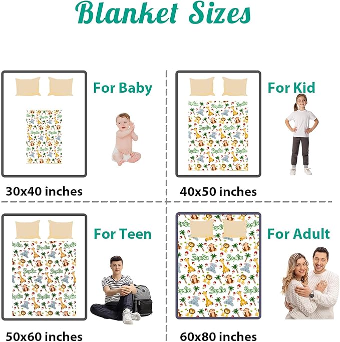 Custom Safari Animals Blanket Gift, Personalized Baby Blanket with Name, Soft Plush Flannel/Sherpa Fleece Throw Blankets for Toddler Kid Teen Boys Girls Color06