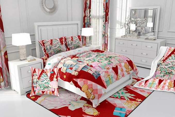 jejeloiu Christmas Nutcracker Comforter Set Toddler Size Gingerbread Man Bedding Set for Kids Boys Girls Xmas Tree Duvet Quilt Red Bedroom Decor