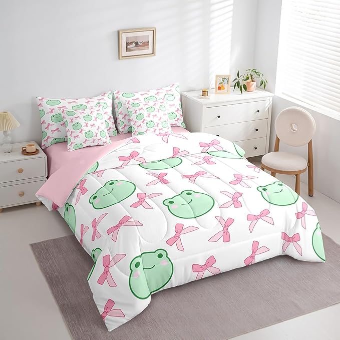 7 Pieces Pink Bowknot Comforter Set Full,Cartoon Frog Bow Tie Butterfly Knot Princess Bedding Set,Geometric Patchwork Cute Sweet（Comforter+Fitted+Flat Sheet+2 Pillowcases+2 Throw Pillow Covers）