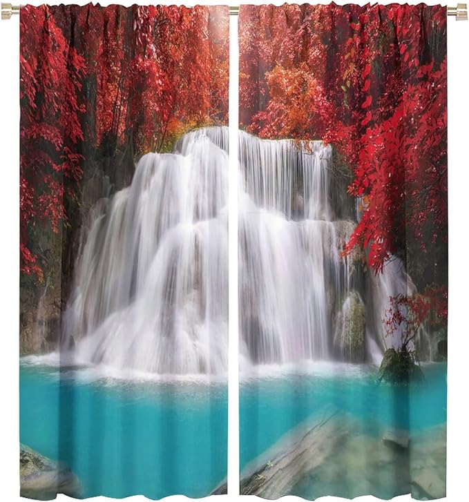 Red Forest Waterfall Blackout Windows Curtains, Tree Landscape Woodland Scenic Nature Fall Scenery Art Printed Curtains, for Living Room Bedroom 55x63in 2 Panels
