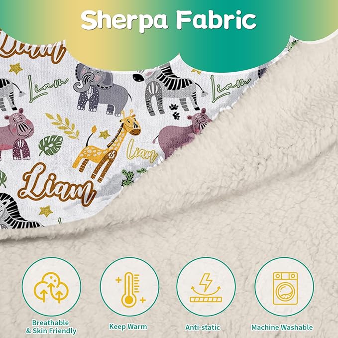 Custom Safari Animals Blanket Gift, Personalized Baby Blanket with Name, Soft Plush Flannel/Sherpa Fleece Throw Blankets for Toddler Kid Teen Boys Girls Color02