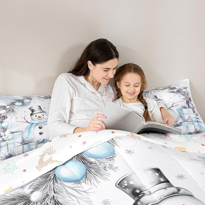 Feelyou Merry Christmas Kids Comforter Set Queen Size Cute Snowman Bedding Set Duvet Quilt for Kids Boys Girls Bedroom Snowflake Decor Microfiber Ultra Soft Breathable