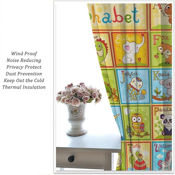 Alphabet Curtains Kids Educational Learning Tool Baby Cartoon Animals Colorful Curtain with Rod Pocket for Bedroom Living Room Decor Drapes Window Treatments 2 Panels Set 42" W X 45" L