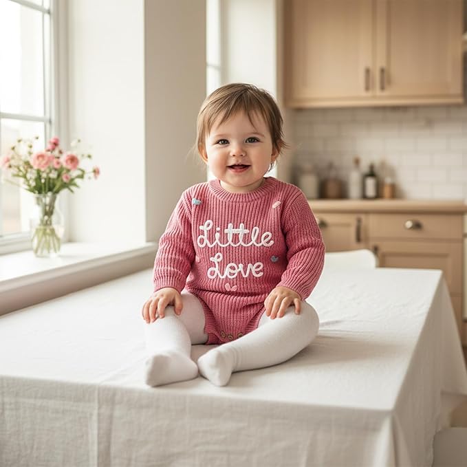 Lesimsam Newborn Baby Boy Girl Valentines Day Outfit Oversized Embroidery Long Sleeve Knit Sweater Bubble Romper Bodysuit