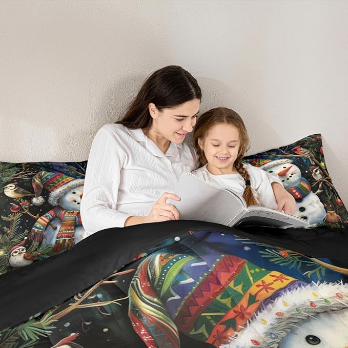 Feelyou Christmas Bedding Set Soft for Boys Girls, Holiday Snowman Birds Comforter Set Toddler Size Xmas Owl Branch Berry Duvet Quilt Microfiber Snowflake Bedroom Decor 2 Pcs with 1 Pillow Cases