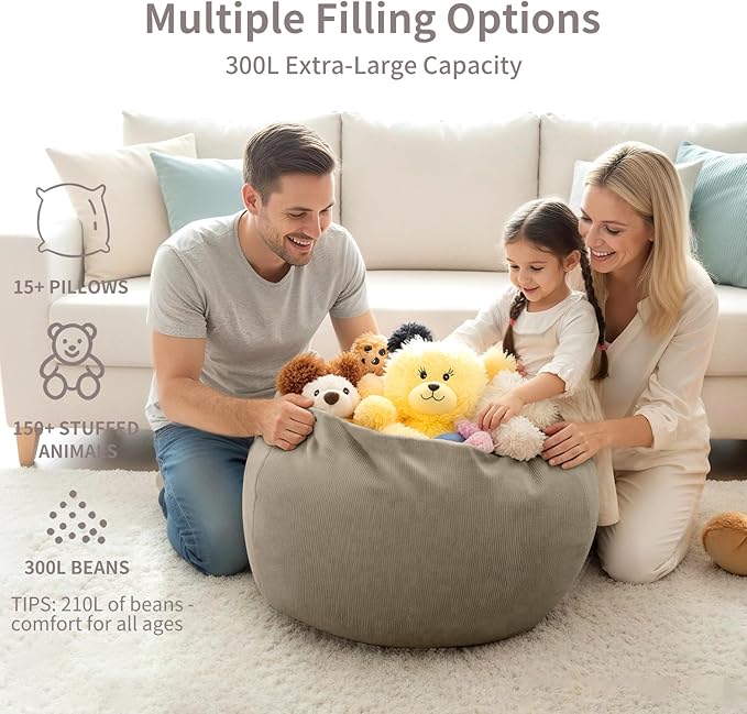 Nobildonna 3 ft Bean Bag Chair Cover (No Filler) 35"×43" Large Stuffed Animal Storage Bean Bag Washable Big Beanbag Chair Cover Premium Corduroy Bean Bag Cover for Adults,Kids,Khaki Gray 300L