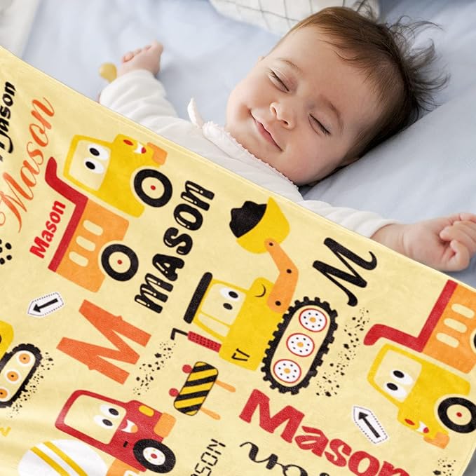 Personalized Construction Blanket with Name for Baby Boys Girls, Custom Truck Blanket Construction Vehicles, Soft Flannel Toddler Blankets Customized Gift for Newborn Baby Shower Birthday-30x40inch