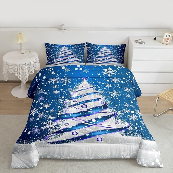 Feelyou Merry Christmas Kids Comforter Set Full Size Christmas Tree Bedding Set Snowflake Duvet Quilt for Kids Boys Girls Bedroom Winter Decor Microfiber Ultra Soft Breathable