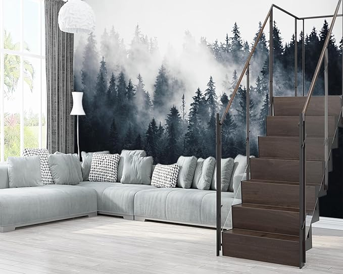 XMPMBM-Misty Forest Fabric Wallpaper Pine Forest Living Room Bedroom Bathroom Wall Mural-W 88" X H 59"（36 Square Foot）