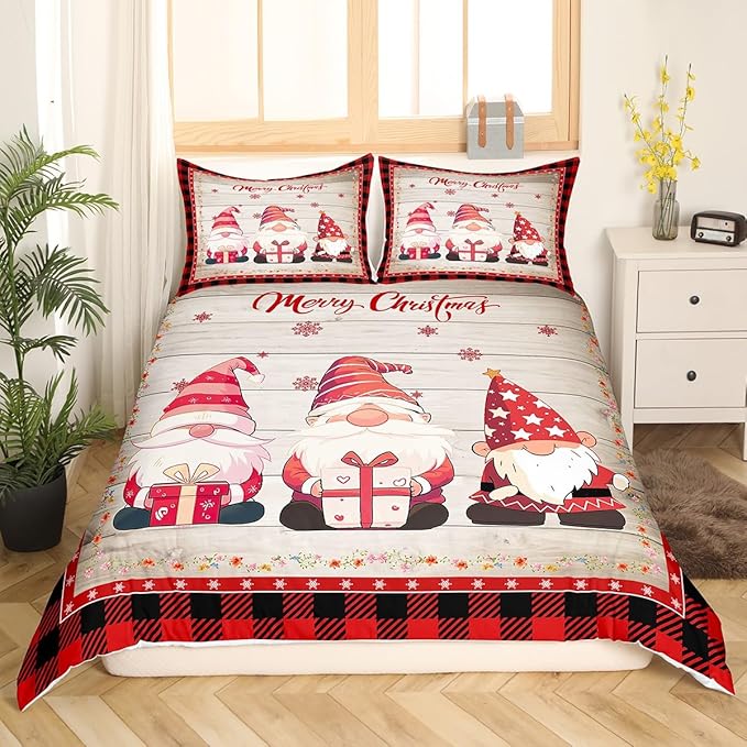 Christmas Gnomes Duvet Cover Set Twin Size, Rustic Wooden and Red Plaid Xmas Comforter Cover with 1 Pillowcase, New Year Theme Bedding Set for Kids Boy Girls Lightweight Bedspread Cover,No Comforter