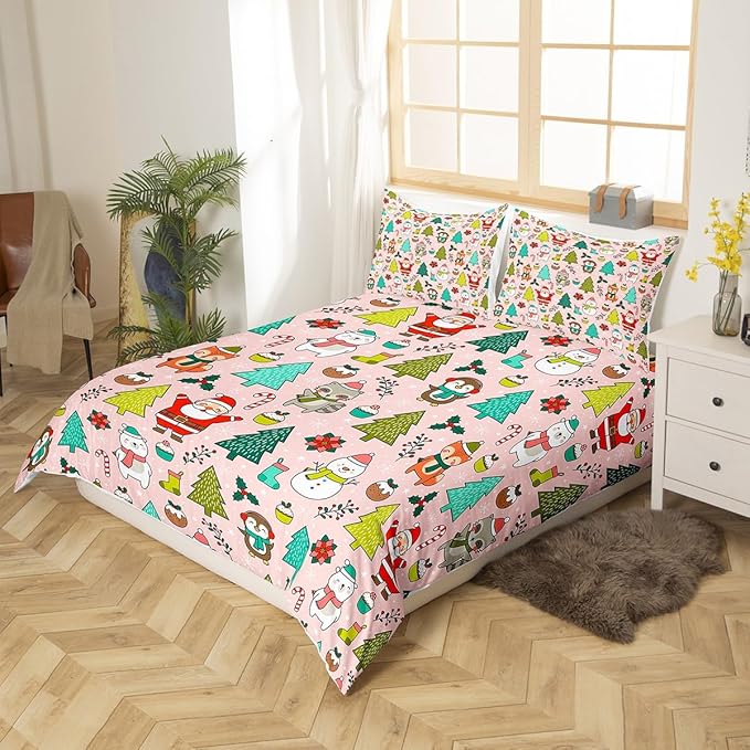 Manfei Christmas Duvet Cover Set Queen Size, Santa Claus Xmas Trees Animals Snowman Bedding Set 3pcs for Kids Girls, New Year Comforter Cover Soft Polyester Quilt Cover with 2 Pillowcases,No Comforter