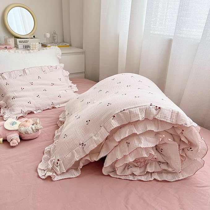 BuLuTu Crib Bedding Duvet Cover for Boys Girls Cotton Muslin Baby Crib Duvet Cover Nursery Bed Decoration Gift, 47"x59", Cherry Print (No Pillowcases)