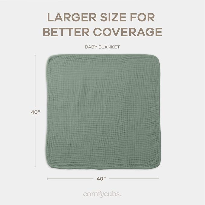 Comfy Cubs Muslin Baby Blanket - Soft, Lightweight, 6-Layer Cotton Swaddle Blankets for Newborns, Infants & Toddlers - 40" x 40" Large, Breathable & Versatile for Sleeping & Tummy Time - Fern