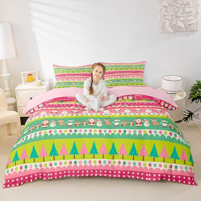 Christmas Bedding Set Cute Fox Santa Claus Polar Bear Comforter Cover for Kids Boys Girls Teens Christmas Tree Duvet Cover Breathable Pink Dots Stripe Bedspread Cover Room Decor Quilt Cover King Size