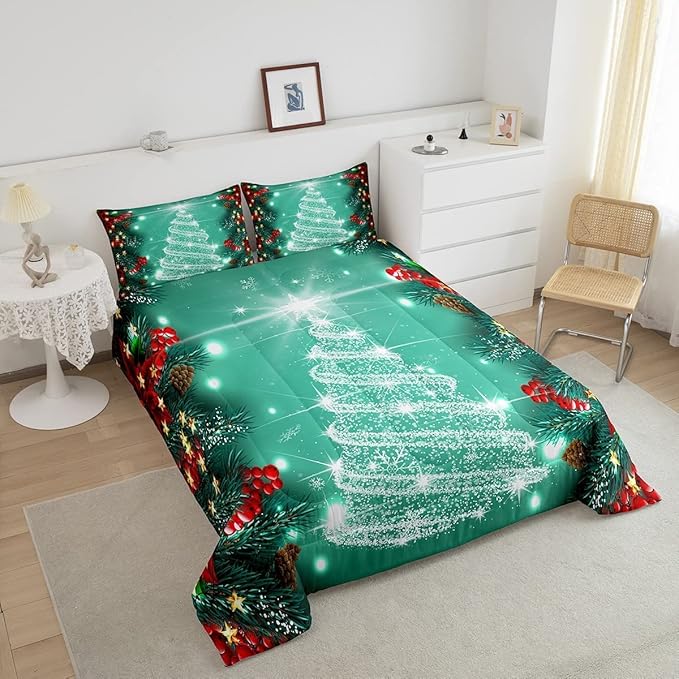 Feelyou Merry Christmas Comforter Set, Kids Santa Tree Glitter Bedding Comforter Full Size for Boys Girls Xmas Christmas Bell Decor,1 Comforter + 2 Pillow Cases Boys