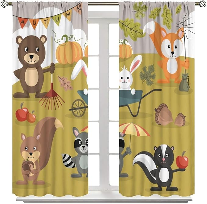 Cartoon Curtains, Jungle Animals Autumn Fun Pattern Blackout Window Treatments, Rod Pocket Thermal Insulated Drapes 2 Panel Sets for Children Boys Bedroom Nursery Classroom, 55" W X 63" L