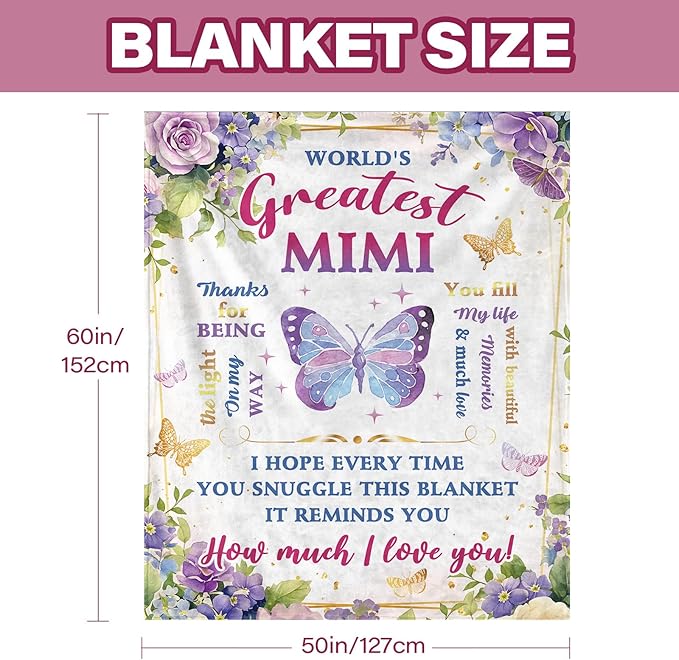 Mimi Gifts for Grandma Blanket, Birthday Gifts for Grandma, Soft Blanket for Grandmother from Grandkids, Grandmother Gift for Christmas Thanksgiving, Mimi Throw Blanket 60“x 50”