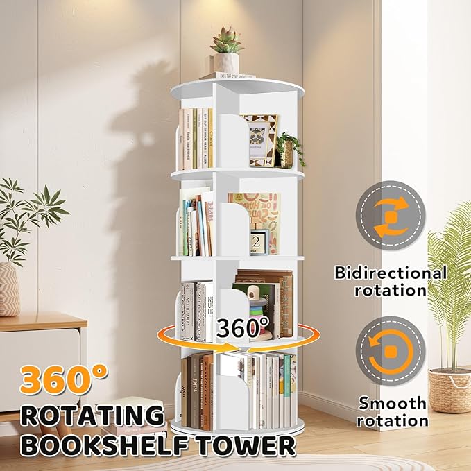 4 Tier Rotating Bookshelf Tower, Spinning Bookshelf, Revolving 360° Bookcase Storage Round Carousel, Vertical Rotate Turning Spiral Corner Organizer Lazy Susan, White