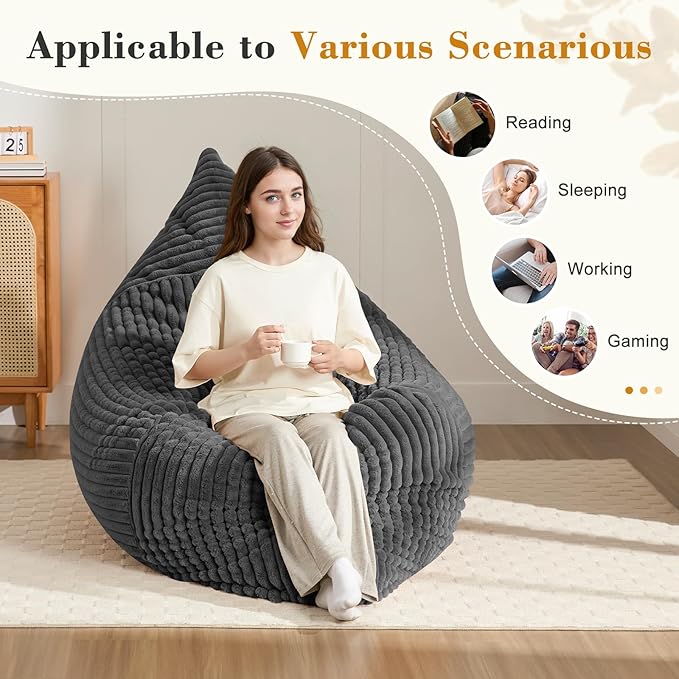 3-in-1 Giant Bean Bag Chair for Adults & Kid, Convertible Floor Sofa to Mattress, High-Density Foam Bean Bag Bed with Washable Cover, Multi Functional Lounge Couch for Bedroom, Living Room (Dark Grey)