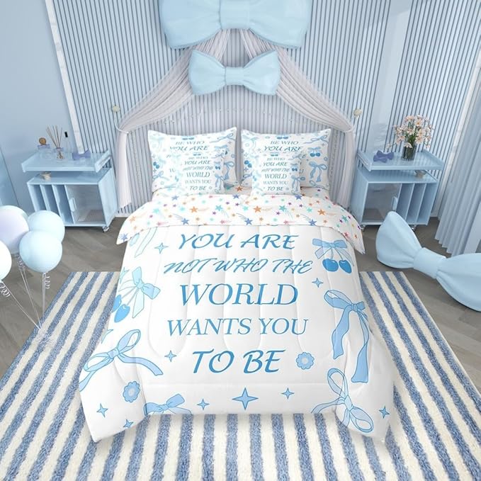 7 Pieces Blue Bowknot Kids Comforter Set Twin,Cherry Tropical Fruit Cartoon Princess Bedding Set,Bow Tie Stars Daisy Cute Blue Dreamy（Comforter+Fitted+Flat Sheet+2 Pillowcases+2 Throw Pillow Covers）