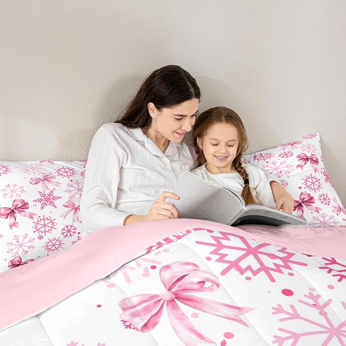 Cute Bow Tie Kids Comforter Set Twin Size,Girly Bowknot Snowflake Dots Bedding Set Room Decor,Merry Christmas Winter Princess Quilt Comforter,Pink White Duvet Set Bedroom Quilt Set,1 Pillowcase