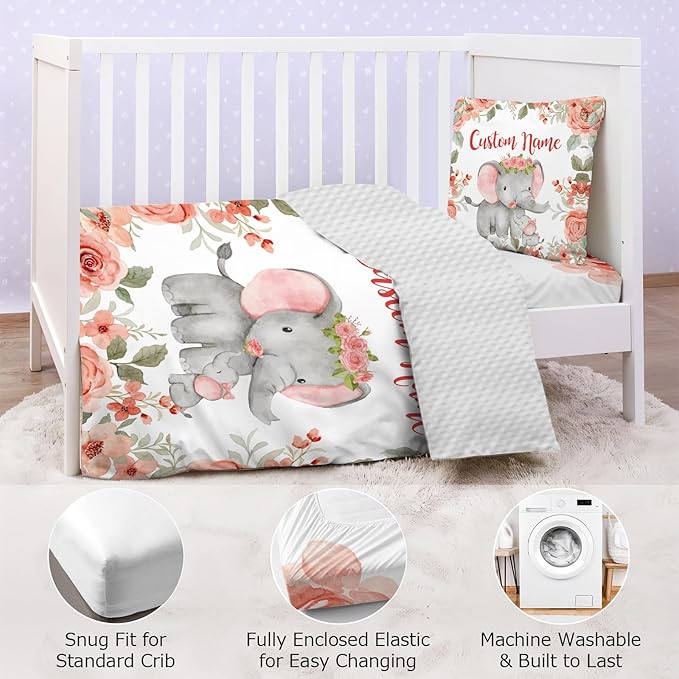 Personalized Baby Crib Bedding Set,3 Piece Custom Name Nursery Set with Blanket, Fitted Sheet & Pillowcase for Baby Girls & Boys, Elephant Floral Theme(Fixed Size)