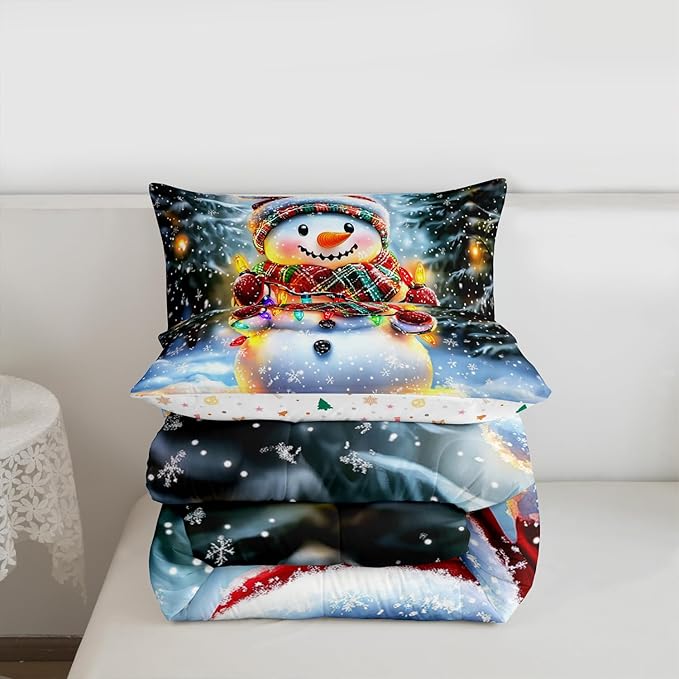 Lovely Snowman Comforter Set King Size,Xmas Colorful Lanterns Snowflake Kids Bedding Set,Winter Merry Christmas Quilt Comforter,Rainbow Duvet Insert,2 Pillowcases
