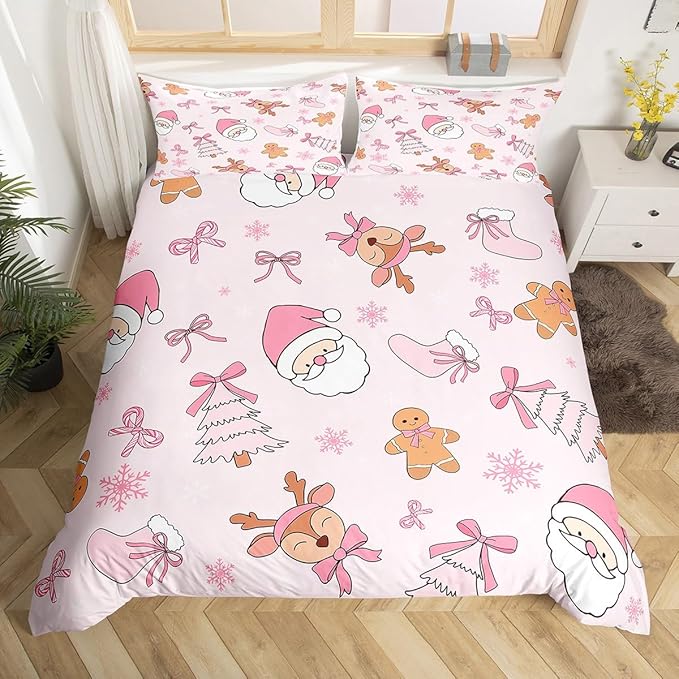 Kids Pink Christmas Bedding Set Full Size Merry Christmas Snowman Duvet Cover for Boys Girls Teens Bedroom Decor Santa Claus Comforter Cover Soft Microfiber Xmas Tree Deer with 2 Pillow Case